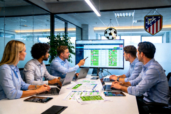 团队成员在现代化办公室内讨论足球赛事数据与策略